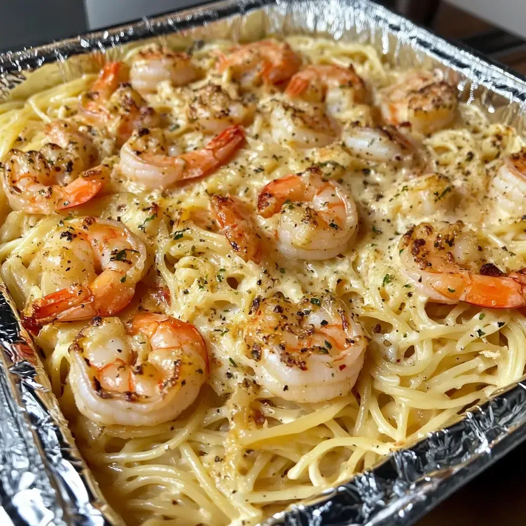 En un plato de aluminio se encuentra una deliciosa pasta con camarones y espinacas.