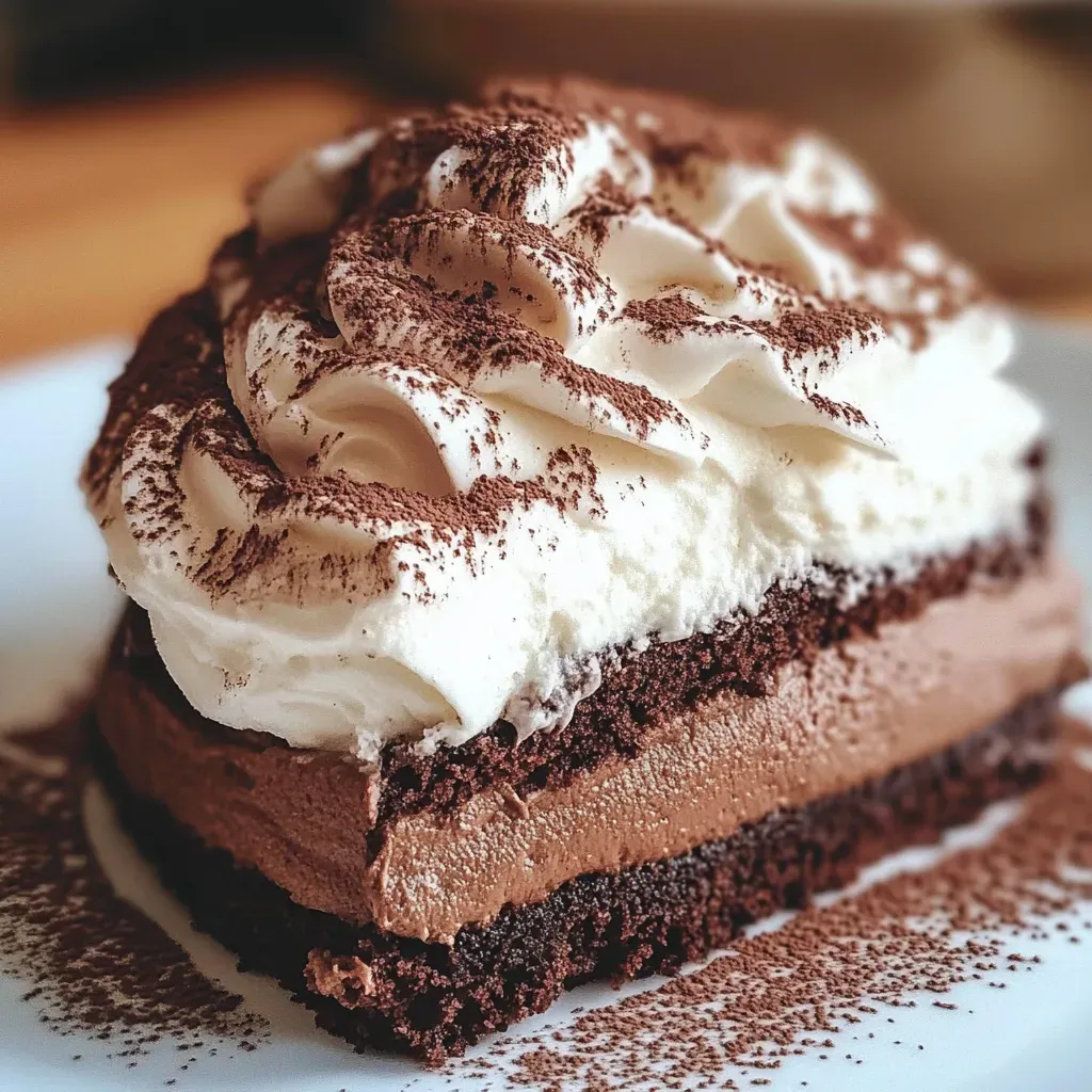 Un trozo de cake con crema y chocolate.