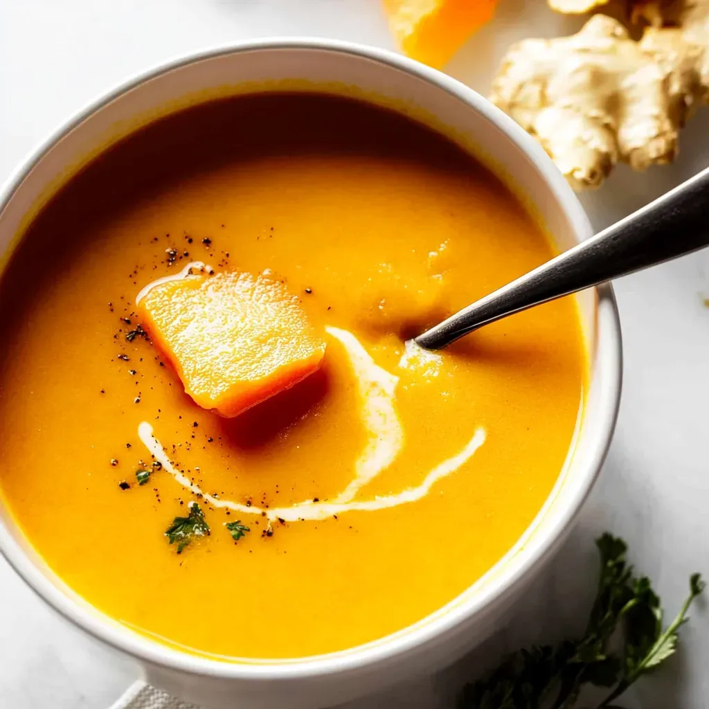 Una porción de sopa de calabaza con una cucharadita de caramelo y una rodaja de caramelo.