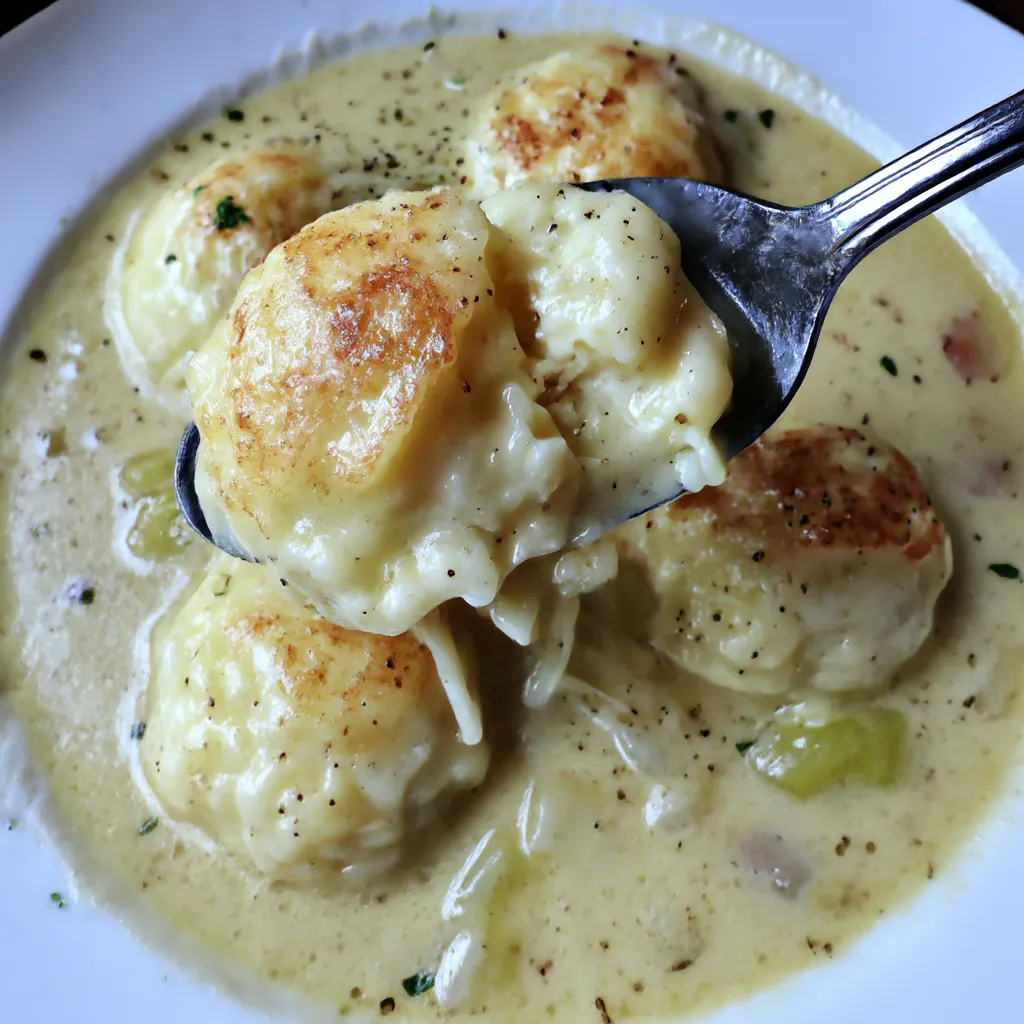 Plato de sopa con bolas de queso y verduras.