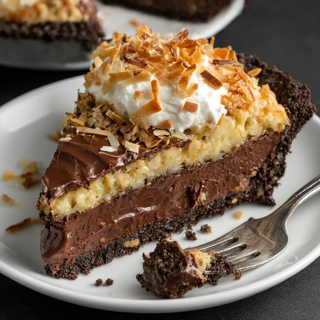 Slice of no-bake German chocolate pie.