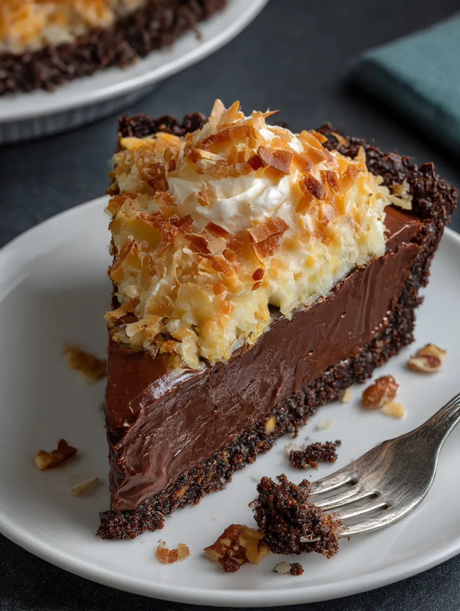 Un trozo de pie de chocolate sin horno con toppings de coco y nueces.