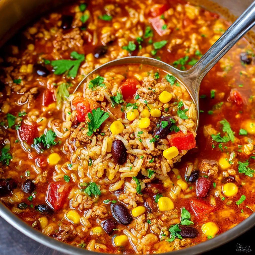 Una cacerola llena de sopa de arroz con carne y verduras.