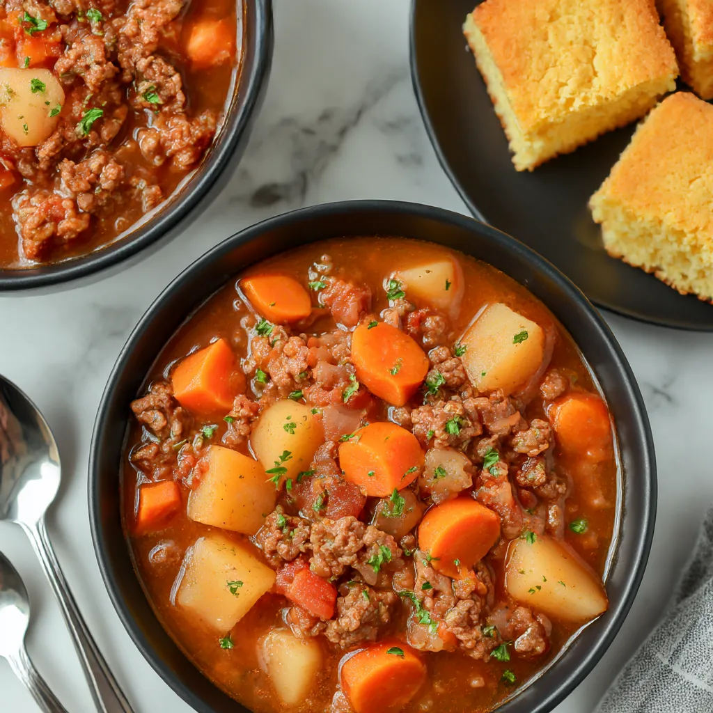 Un plato de sopa en una cacerola con carne y papas.