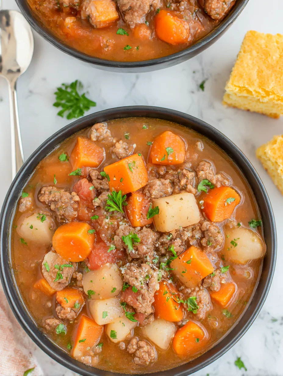 Un plato de sopa en una cacerola con carne y verduras.