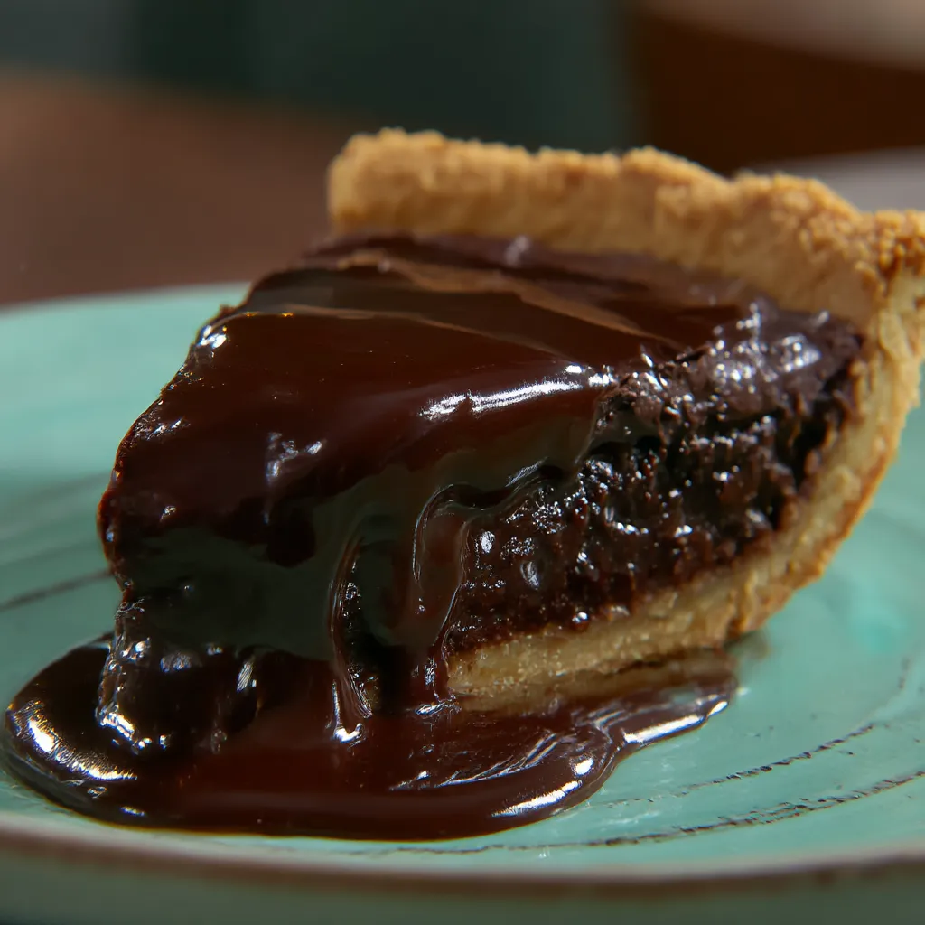 Una porción de delicioso pie de chocolate con chocolate derretido.
