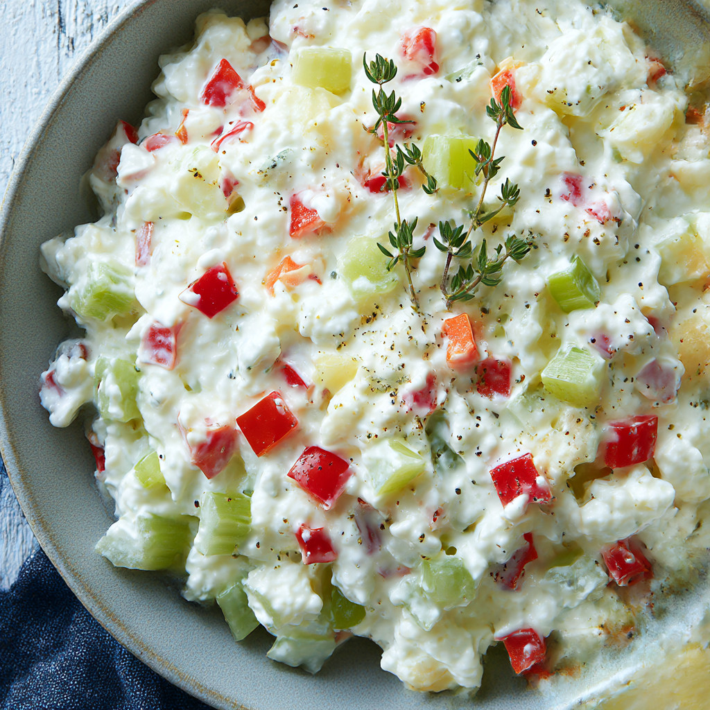Un plato de ensalada con cottage cheese y vegetales.