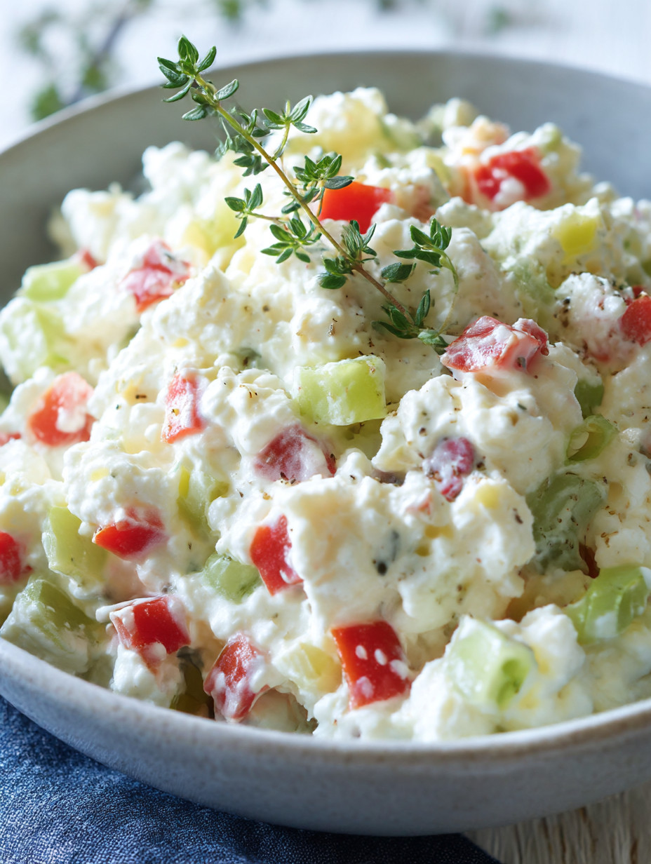 Un plato de ensalada con cottage cheese y vegetales.